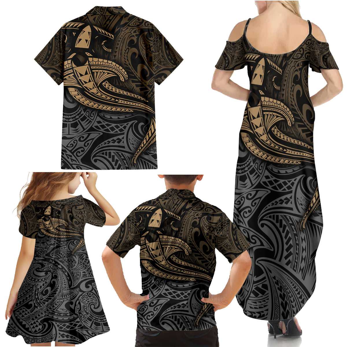 Polynesian Family Matching Summer Maxi Dress and Hawaiian Shirt Hammerhead Shark Tribal Pattern - Wonder Print Shop