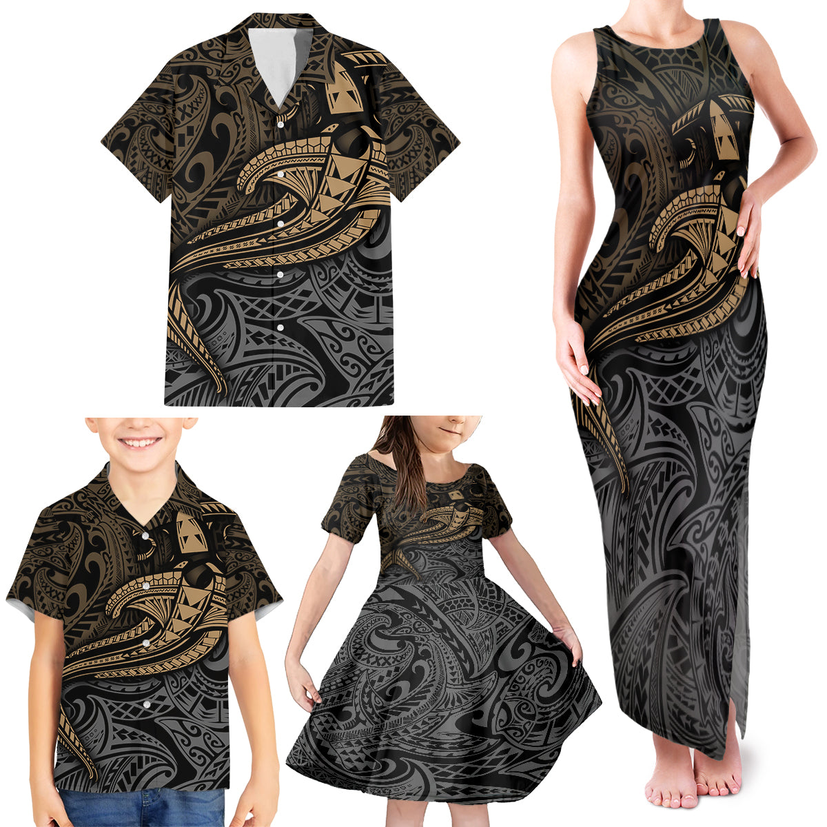 Polynesian Family Matching Tank Maxi Dress and Hawaiian Shirt Hammerhead Shark Tribal Pattern - Wonder Print Shop