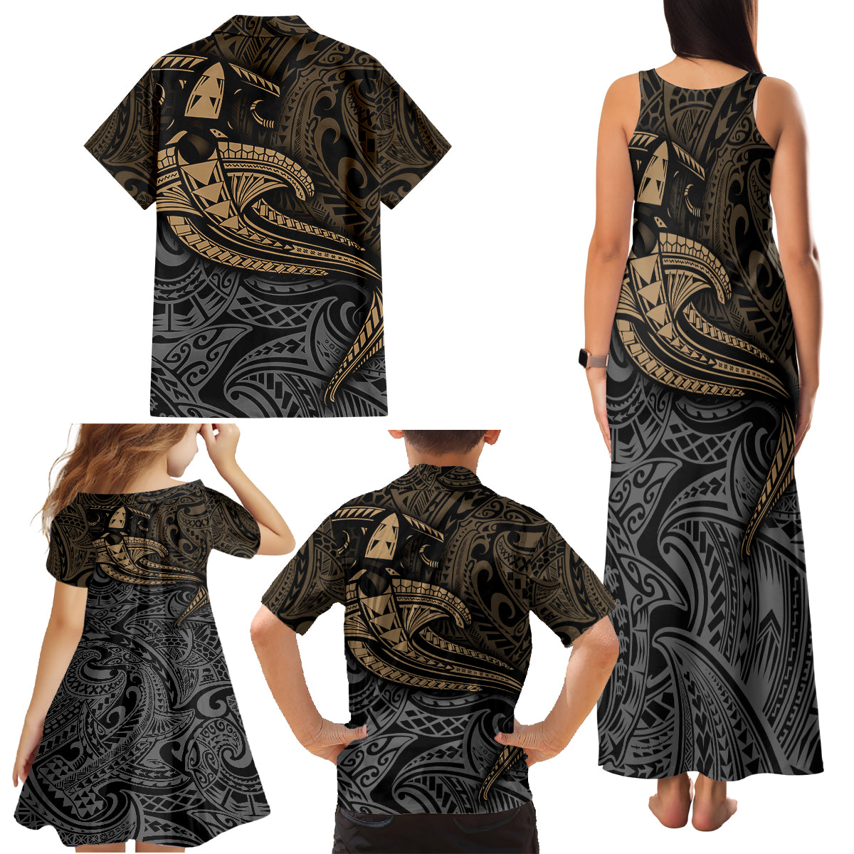 Polynesian Family Matching Tank Maxi Dress and Hawaiian Shirt Hammerhead Shark Tribal Pattern - Wonder Print Shop
