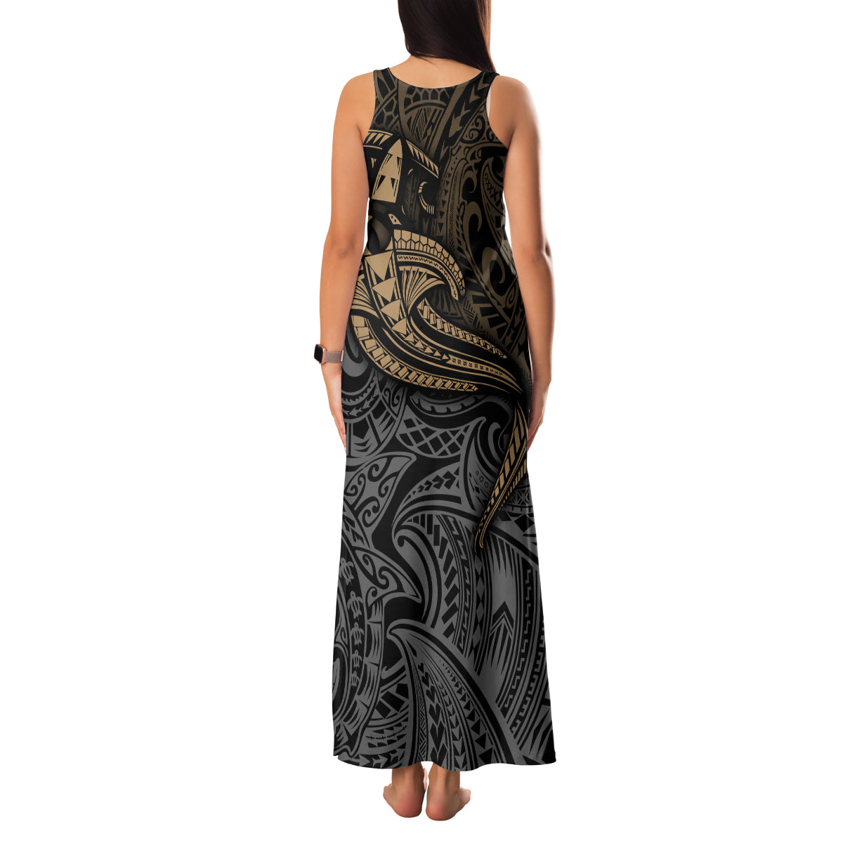 Polynesian Family Matching Tank Maxi Dress and Hawaiian Shirt Hammerhead Shark Tribal Pattern - Wonder Print Shop