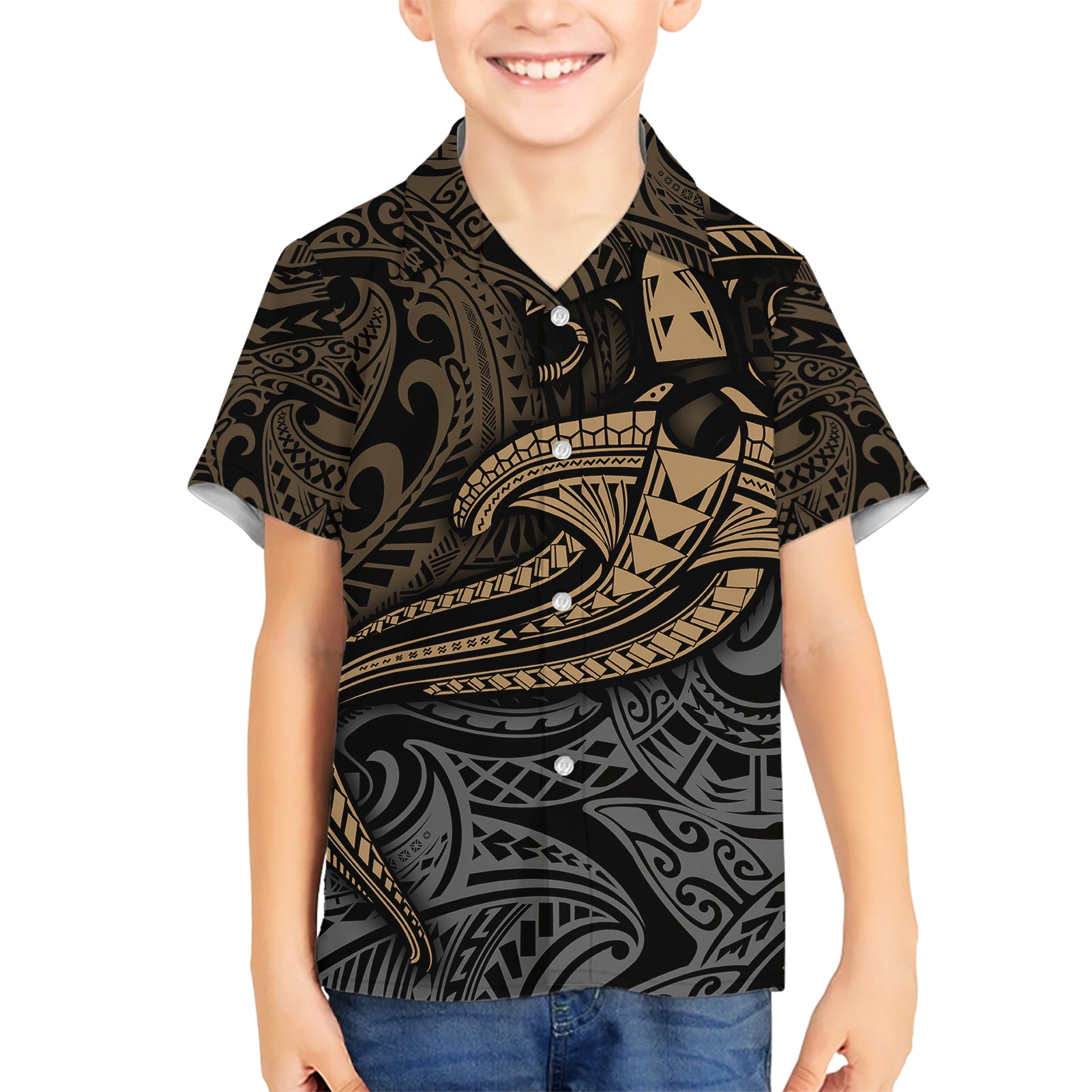 Polynesian Kid Hawaiian Shirt Hammerhead Shark Tribal Pattern - Wonder Print Shop