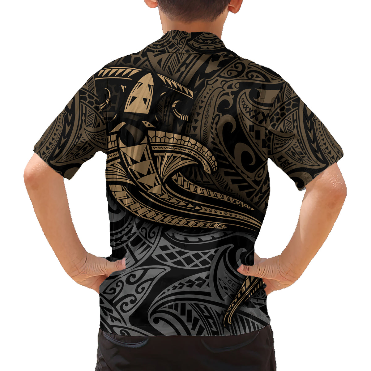 Polynesian Kid Hawaiian Shirt Hammerhead Shark Tribal Pattern - Wonder Print Shop