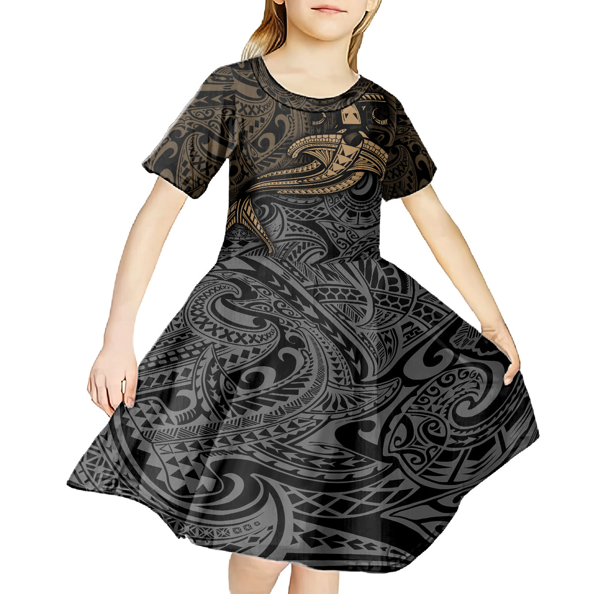 Polynesian Kid Short Sleeve Dress Hammerhead Shark Tribal Pattern - Wonder Print Shop