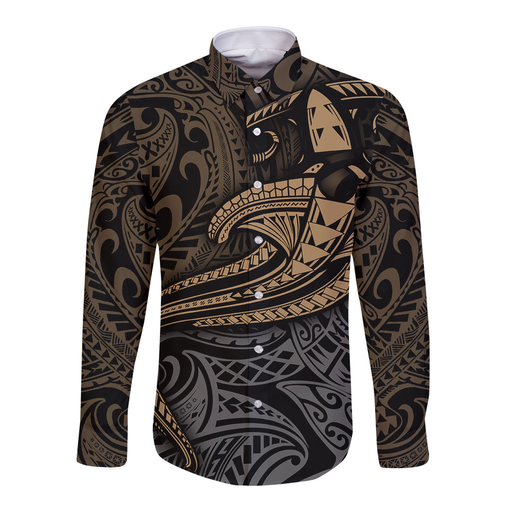 Polynesian Long Sleeve Button Shirt Hammerhead Shark Tribal Pattern - Wonder Print Shop
