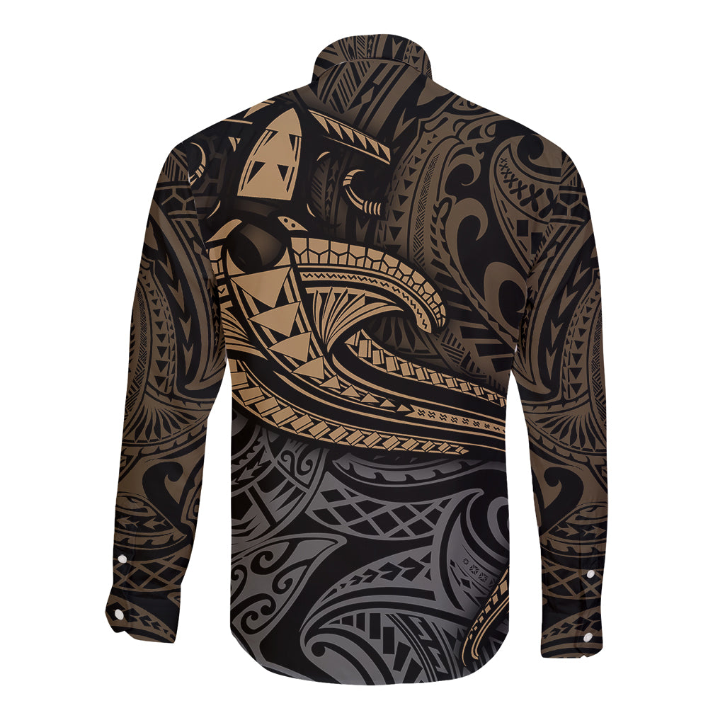 Polynesian Long Sleeve Button Shirt Hammerhead Shark Tribal Pattern - Wonder Print Shop