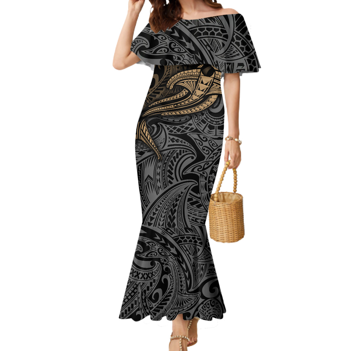 Polynesian Mermaid Dress Hammerhead Shark Tribal Pattern - Wonder Print Shop