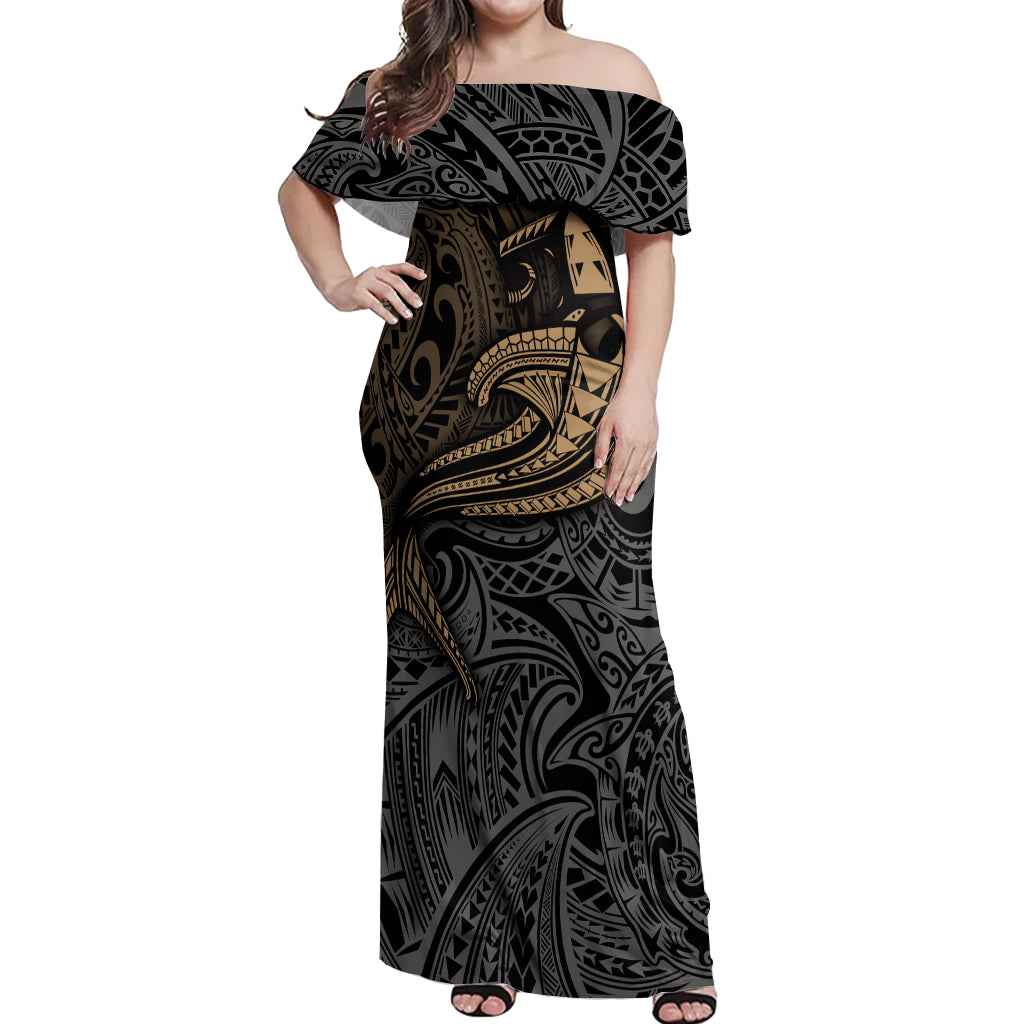 Polynesian Off Shoulder Maxi Dress Hammerhead Shark Tribal Pattern - Wonder Print Shop