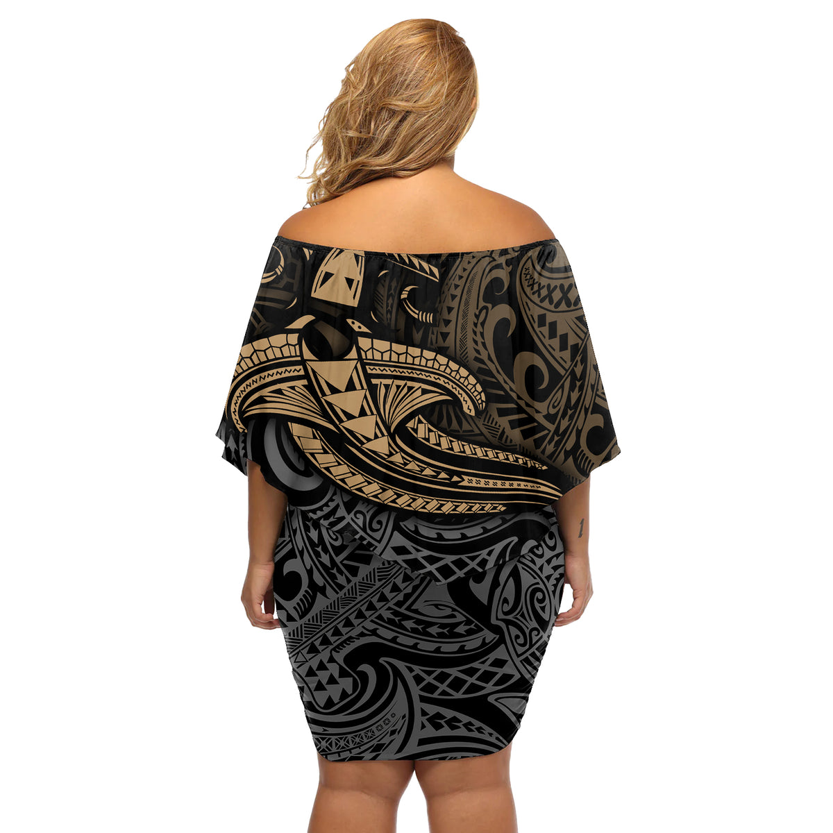 Polynesian Off Shoulder Short Dress Hammerhead Shark Tribal Pattern - Wonder Print Shop