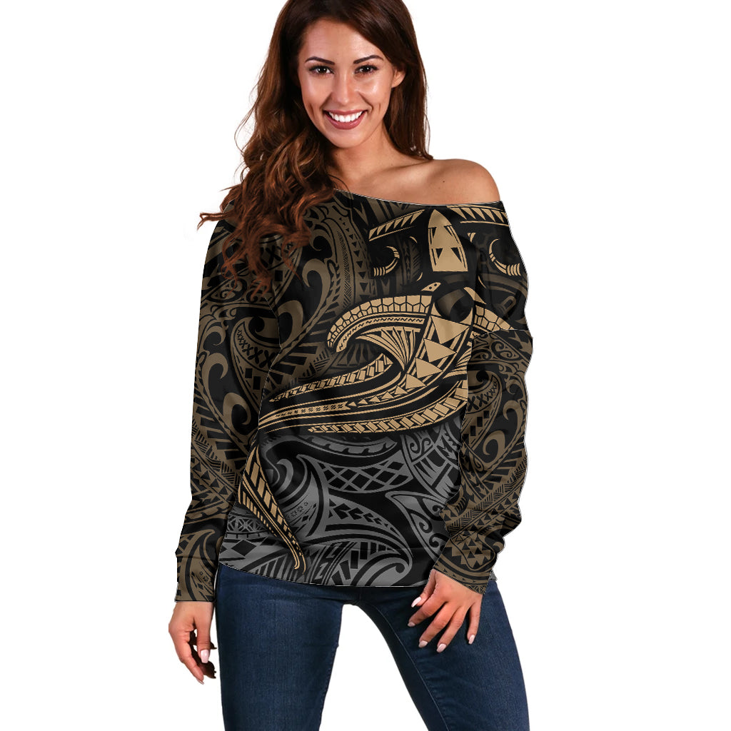 Polynesian Off Shoulder Sweater Hammerhead Shark Tribal Pattern - Wonder Print Shop