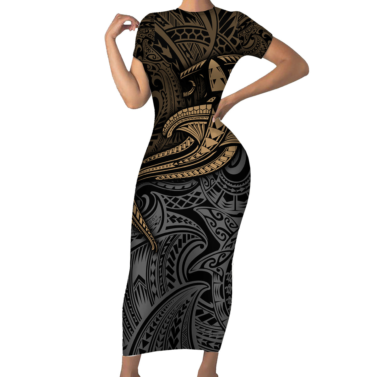 Polynesian Short Sleeve Bodycon Dress Hammerhead Shark Tribal Pattern - Wonder Print Shop