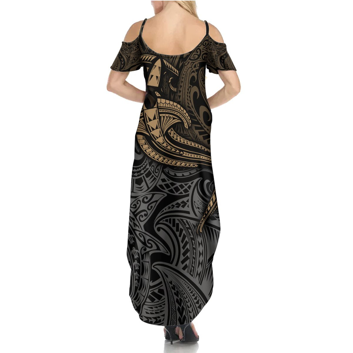 Polynesian Summer Maxi Dress Hammerhead Shark Tribal Pattern - Wonder Print Shop