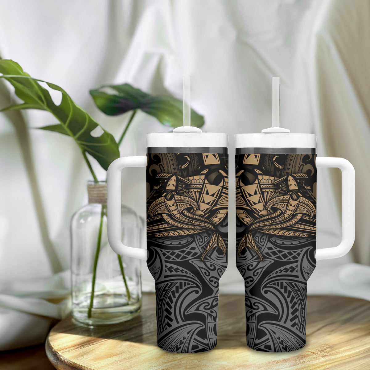Polynesian Tumbler With Handle Hammerhead Shark Tribal Pattern - Wonder Print Shop