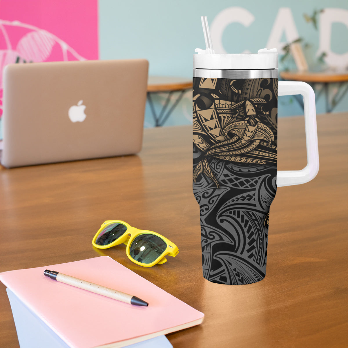 Polynesian Tumbler With Handle Hammerhead Shark Tribal Pattern - Wonder Print Shop