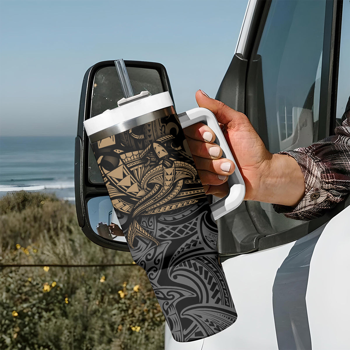 Polynesian Tumbler With Handle Hammerhead Shark Tribal Pattern - Wonder Print Shop