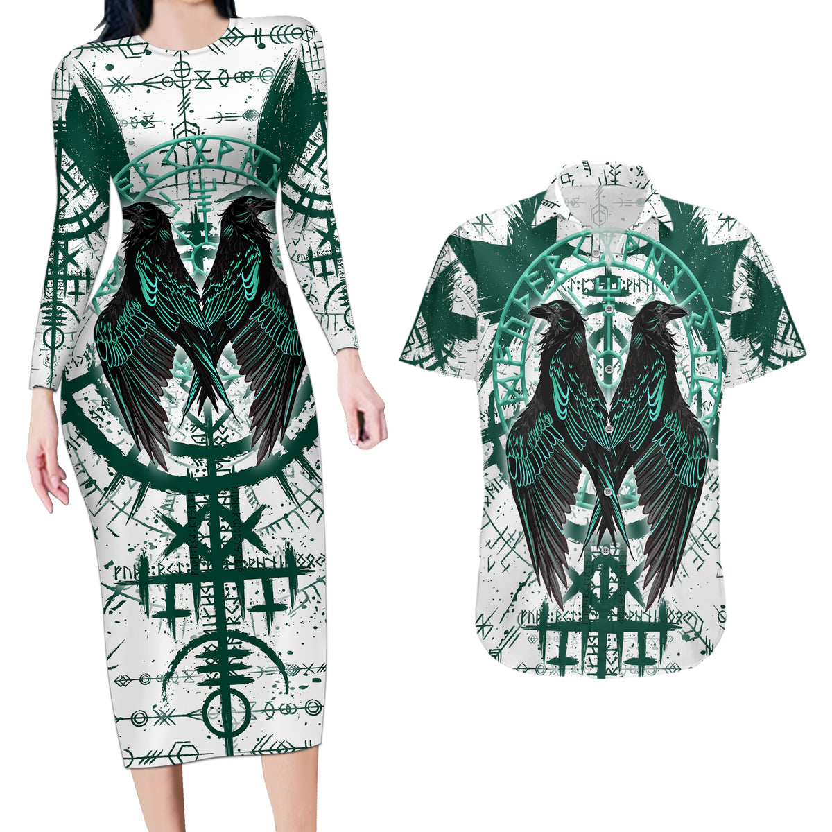 Winged Wisdom Of Viking Couples Matching Long Sleeve Bodycon Dress and Hawaiian Shirt Hugin, Munin, and the Vegvisir - Wonder Print Shop