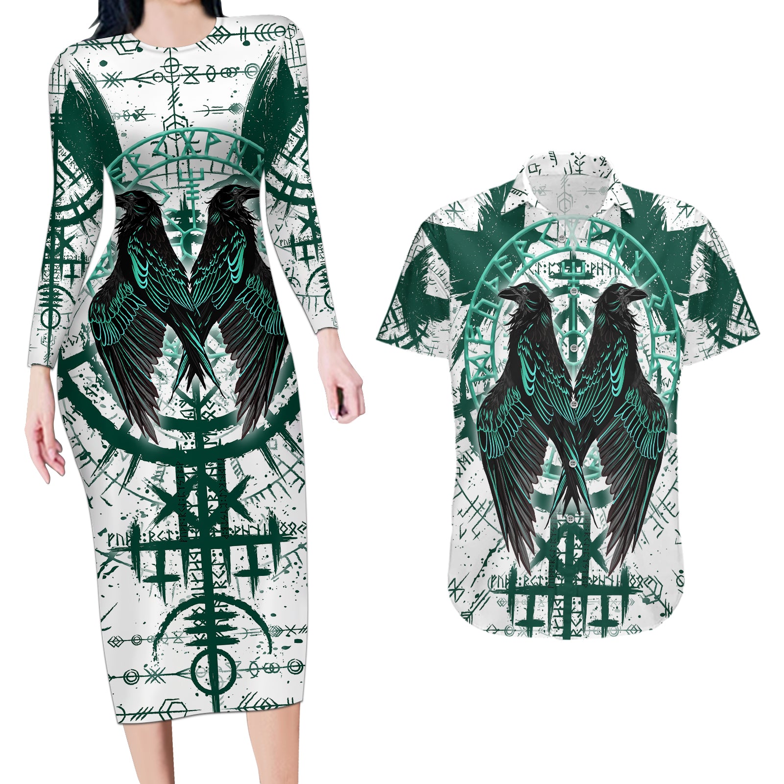 Winged Wisdom Of Viking Couples Matching Long Sleeve Bodycon Dress and Hawaiian Shirt Hugin, Munin, and the Vegvisir - Wonder Print Shop