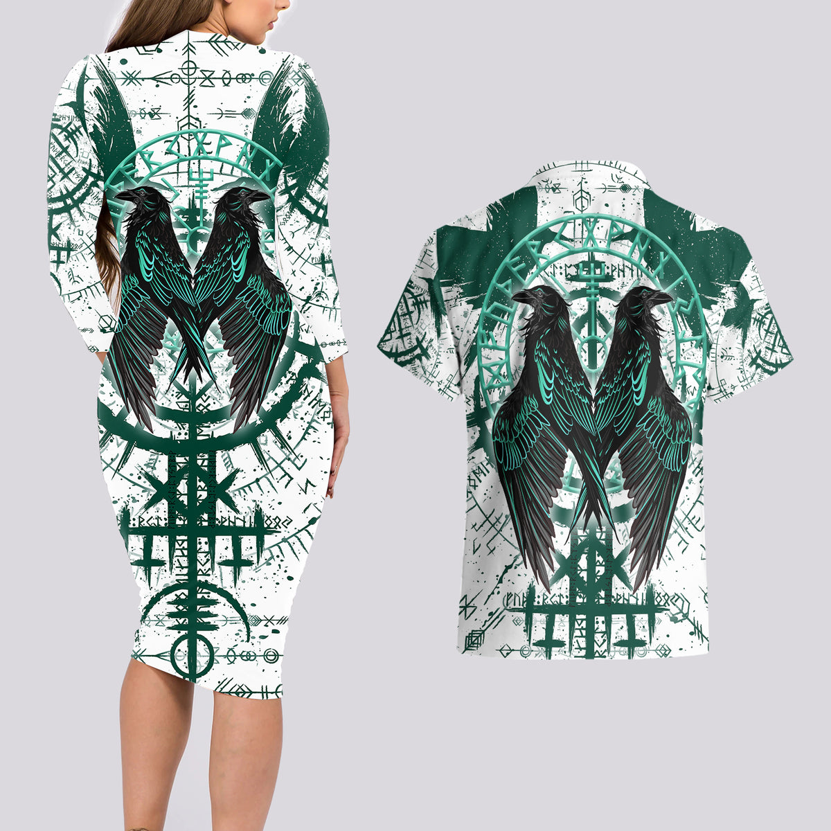 Winged Wisdom Of Viking Couples Matching Long Sleeve Bodycon Dress and Hawaiian Shirt Hugin, Munin, and the Vegvisir - Wonder Print Shop
