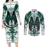 Winged Wisdom Of Viking Couples Matching Long Sleeve Bodycon Dress and Long Sleeve Button Shirts Hugin, Munin, and the Vegvisir - Wonder Print Shop