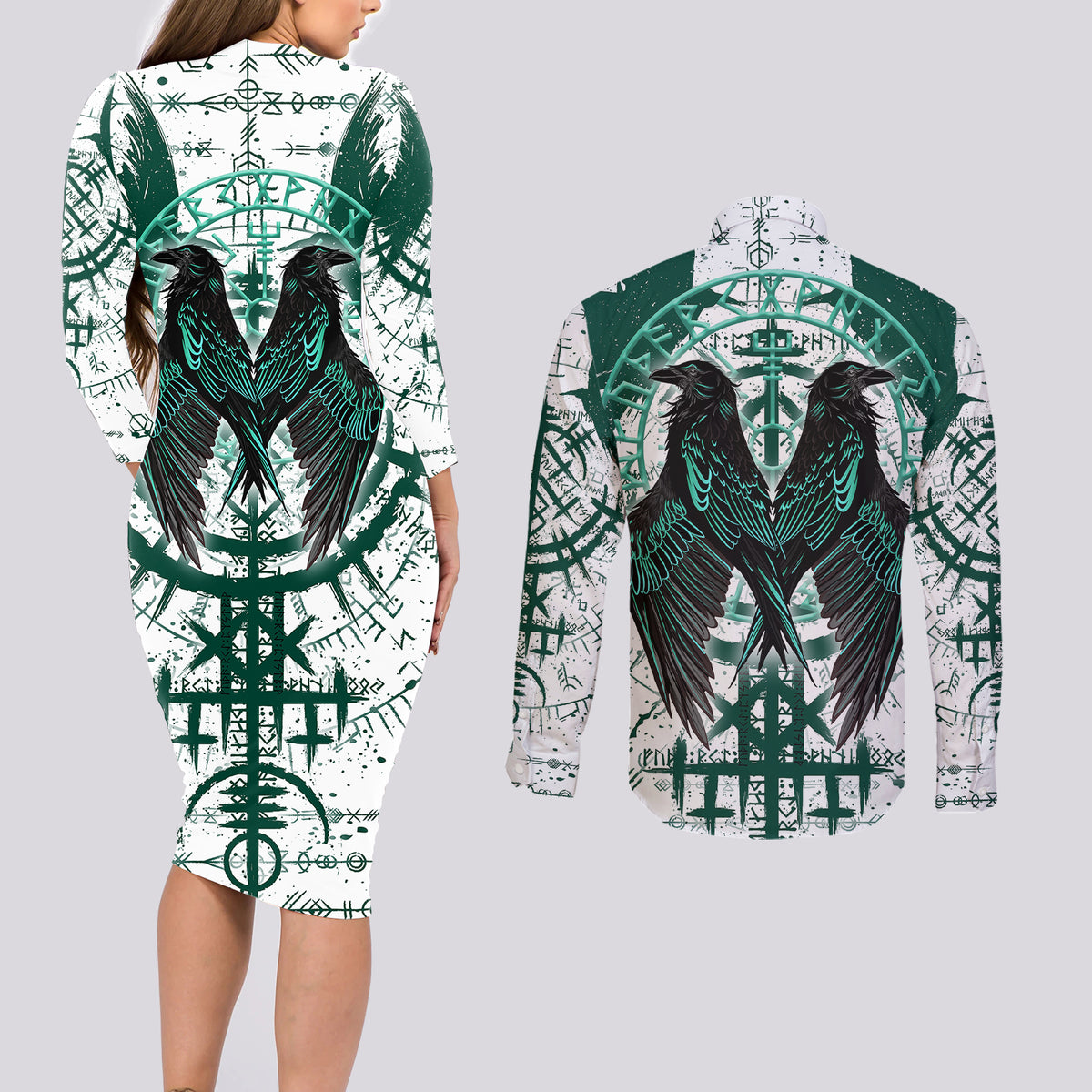 Winged Wisdom Of Viking Couples Matching Long Sleeve Bodycon Dress and Long Sleeve Button Shirts Hugin, Munin, and the Vegvisir - Wonder Print Shop