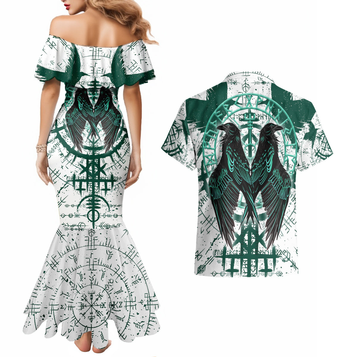 Winged Wisdom Of Viking Couples Matching Mermaid Dress and Hawaiian Shirt Hugin, Munin, and the Vegvisir - Wonder Print Shop