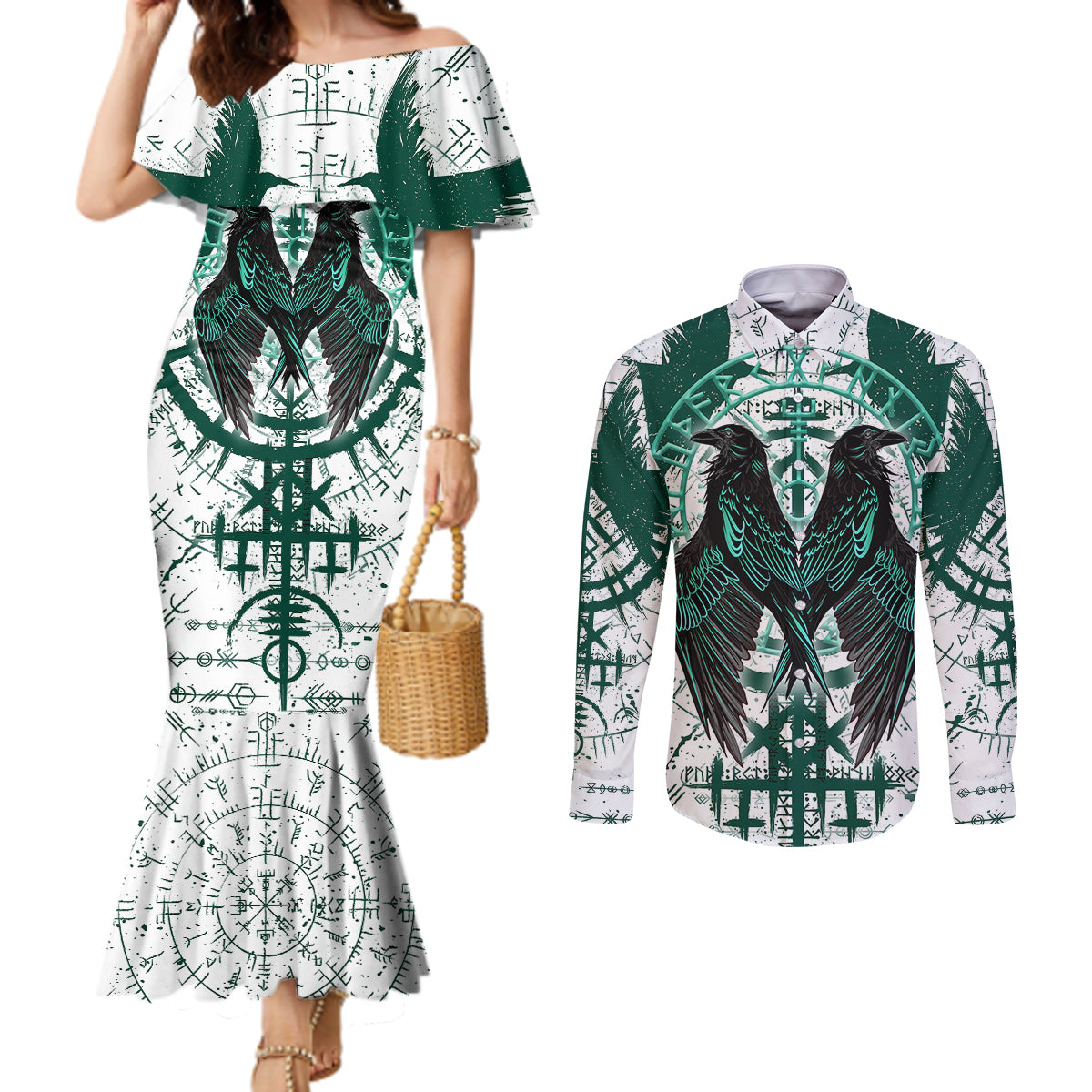 winged-wisdom-of-viking-couples-matching-mermaid-dress-and-long-sleeve-button-shirts-hugin-munin-and-the-vegvisir