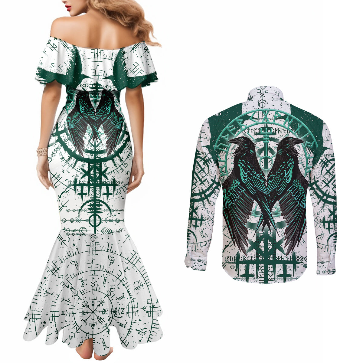 winged-wisdom-of-viking-couples-matching-mermaid-dress-and-long-sleeve-button-shirts-hugin-munin-and-the-vegvisir