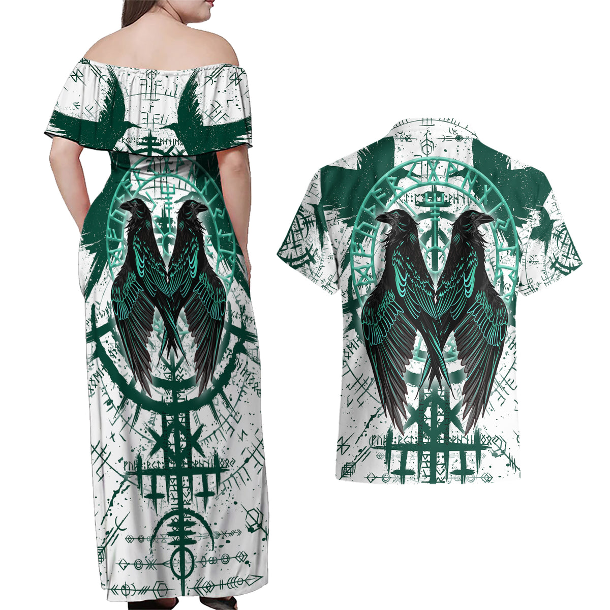 Winged Wisdom Of Viking Couples Matching Off Shoulder Maxi Dress and Hawaiian Shirt Hugin, Munin, and the Vegvisir - Wonder Print Shop