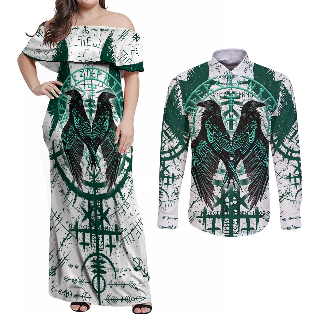 Winged Wisdom Of Viking Couples Matching Off Shoulder Maxi Dress and Long Sleeve Button Shirts Hugin, Munin, and the Vegvisir - Wonder Print Shop