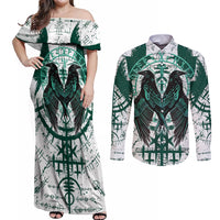 Winged Wisdom Of Viking Couples Matching Off Shoulder Maxi Dress and Long Sleeve Button Shirts Hugin, Munin, and the Vegvisir - Wonder Print Shop