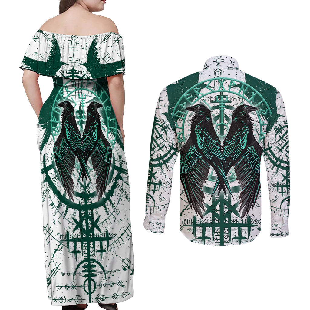 Winged Wisdom Of Viking Couples Matching Off Shoulder Maxi Dress and Long Sleeve Button Shirts Hugin, Munin, and the Vegvisir - Wonder Print Shop