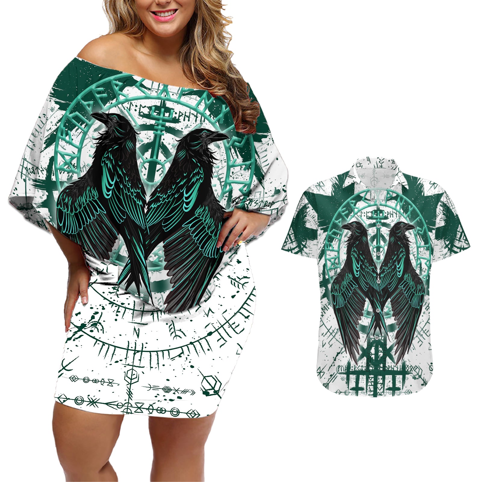 Winged Wisdom Of Viking Couples Matching Off Shoulder Short Dress and Hawaiian Shirt Hugin, Munin, and the Vegvisir - Wonder Print Shop