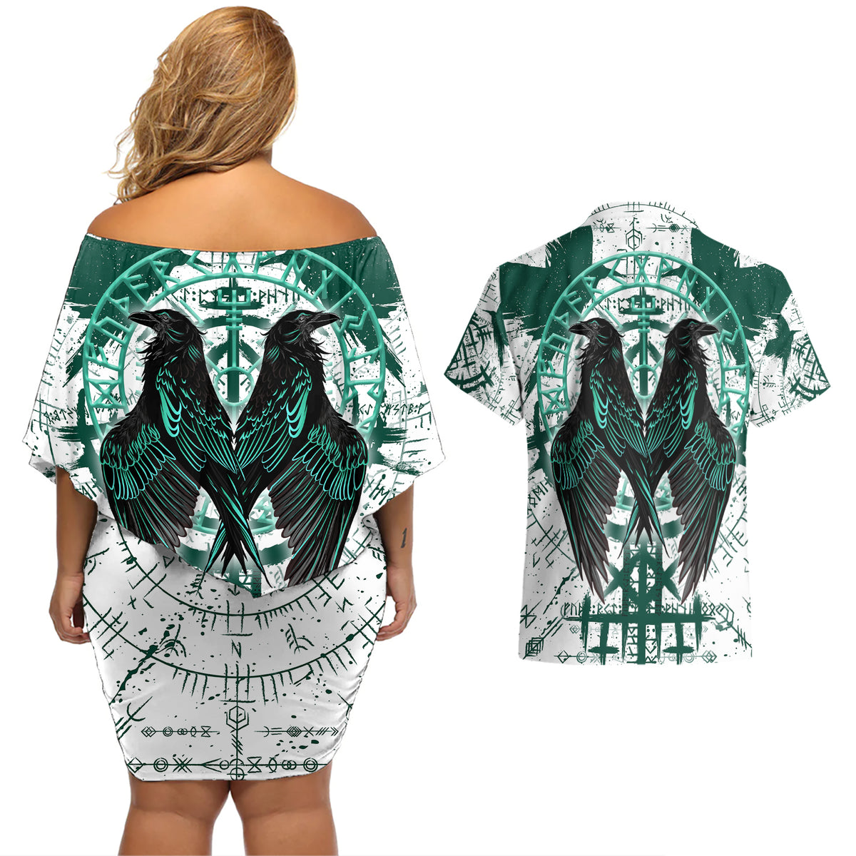 Winged Wisdom Of Viking Couples Matching Off Shoulder Short Dress and Hawaiian Shirt Hugin, Munin, and the Vegvisir - Wonder Print Shop