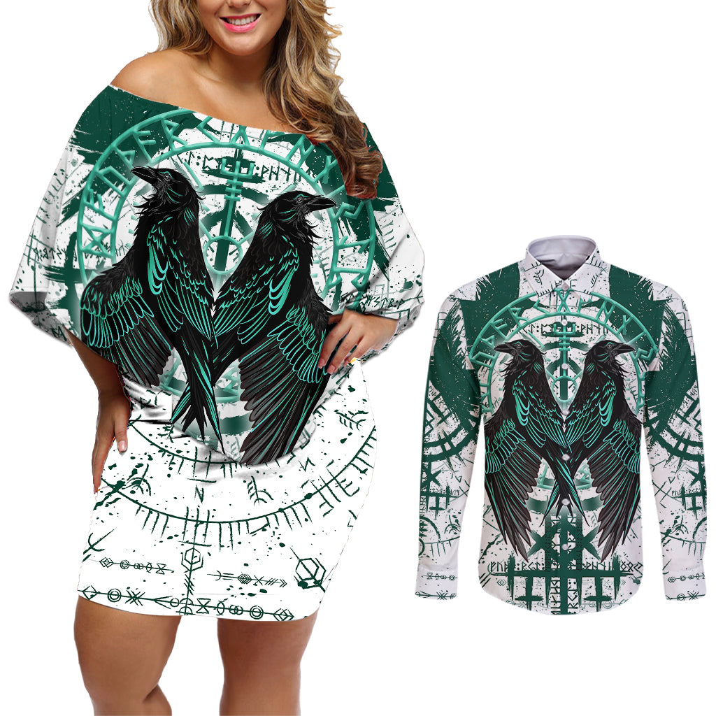 Winged Wisdom Of Viking Couples Matching Off Shoulder Short Dress and Long Sleeve Button Shirts Hugin, Munin, and the Vegvisir - Wonder Print Shop