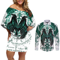 Winged Wisdom Of Viking Couples Matching Off Shoulder Short Dress and Long Sleeve Button Shirts Hugin, Munin, and the Vegvisir - Wonder Print Shop