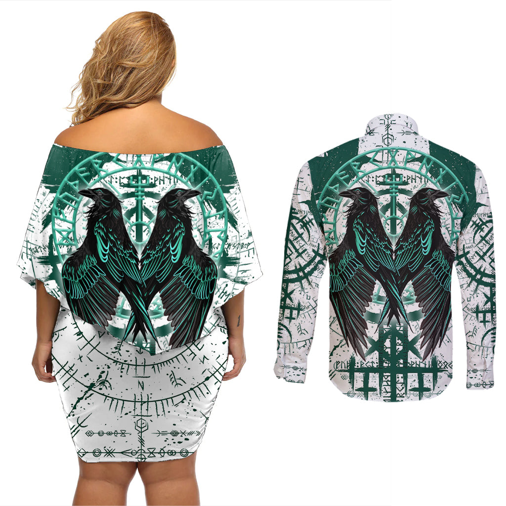 Winged Wisdom Of Viking Couples Matching Off Shoulder Short Dress and Long Sleeve Button Shirts Hugin, Munin, and the Vegvisir - Wonder Print Shop