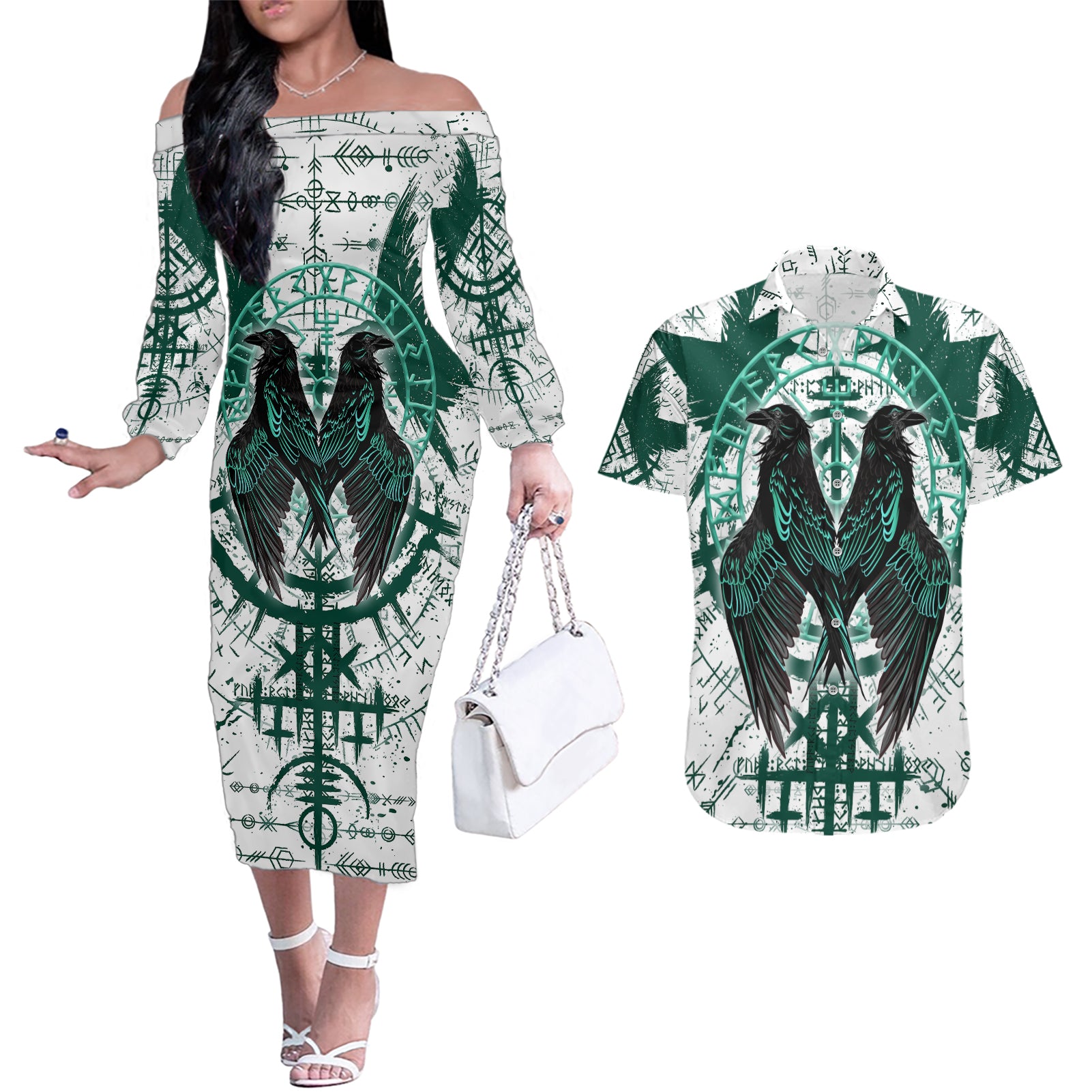 Winged Wisdom Of Viking Couples Matching Off The Shoulder Long Sleeve Dress and Hawaiian Shirt Hugin, Munin, and the Vegvisir - Wonder Print Shop