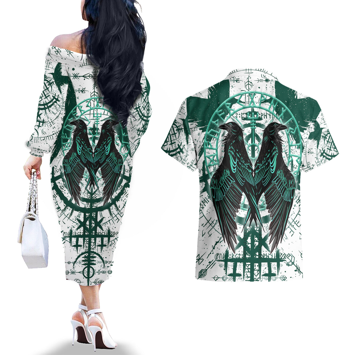 Winged Wisdom Of Viking Couples Matching Off The Shoulder Long Sleeve Dress and Hawaiian Shirt Hugin, Munin, and the Vegvisir - Wonder Print Shop