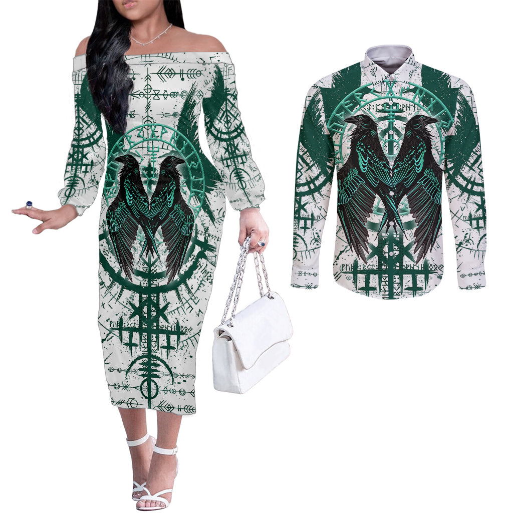 winged-wisdom-of-viking-couples-matching-off-the-shoulder-long-sleeve-dress-and-long-sleeve-button-shirts-hugin-munin-and-the-vegvisir