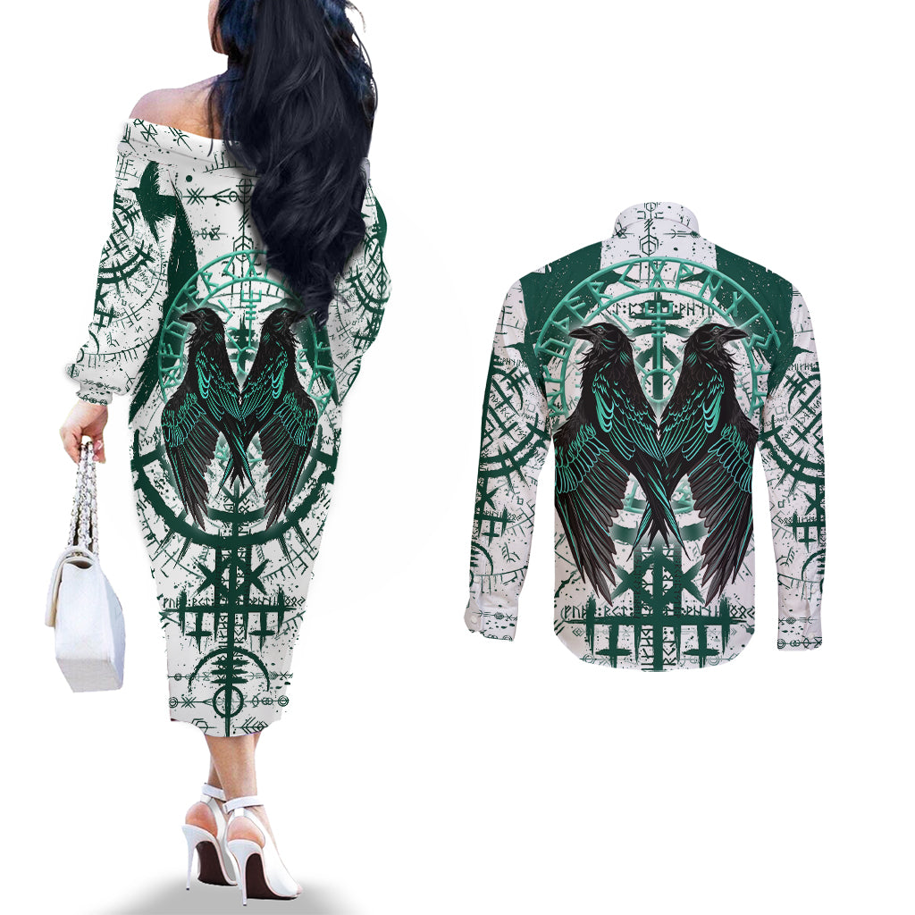 winged-wisdom-of-viking-couples-matching-off-the-shoulder-long-sleeve-dress-and-long-sleeve-button-shirts-hugin-munin-and-the-vegvisir