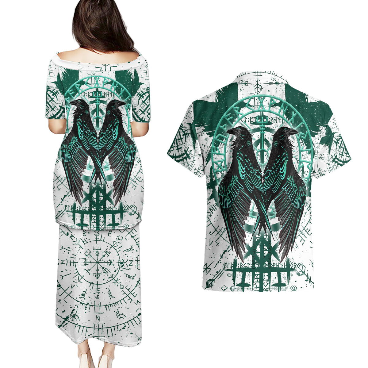 Winged Wisdom Of Viking Couples Matching Puletasi Dress and Hawaiian Shirt Hugin, Munin, and the Vegvisir - Wonder Print Shop