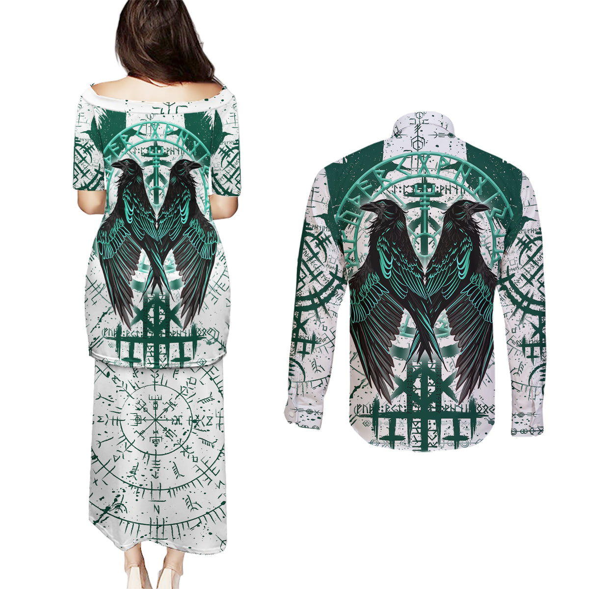 Winged Wisdom Of Viking Couples Matching Puletasi Dress and Long Sleeve Button Shirts Hugin, Munin, and the Vegvisir - Wonder Print Shop
