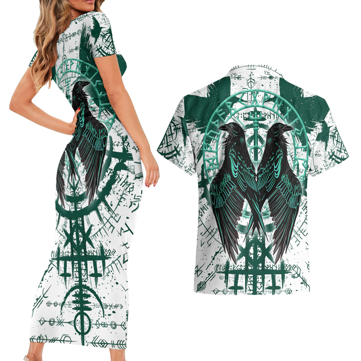 Winged Wisdom Of Viking Couples Matching Short Sleeve Bodycon Dress and Hawaiian Shirt Hugin, Munin, and the Vegvisir - Wonder Print Shop