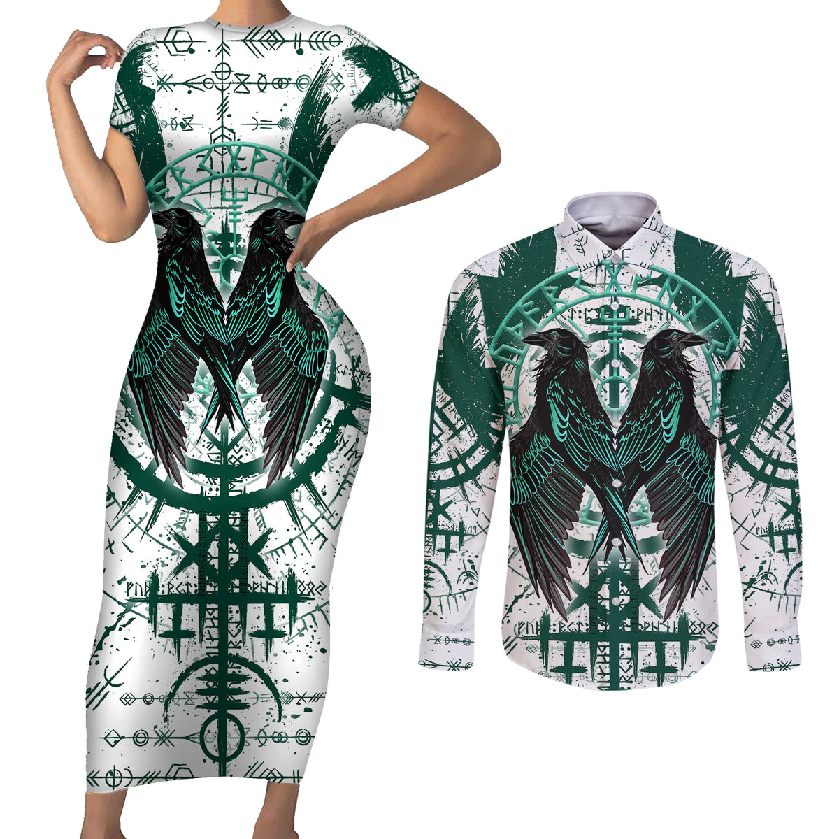 Winged Wisdom Of Viking Couples Matching Short Sleeve Bodycon Dress and Long Sleeve Button Shirts Hugin, Munin, and the Vegvisir - Wonder Print Shop