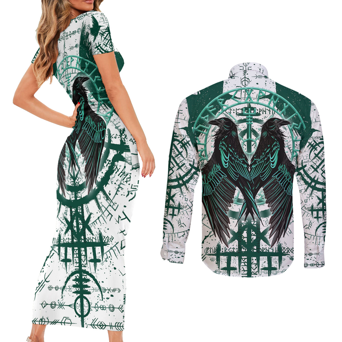 Winged Wisdom Of Viking Couples Matching Short Sleeve Bodycon Dress and Long Sleeve Button Shirts Hugin, Munin, and the Vegvisir - Wonder Print Shop