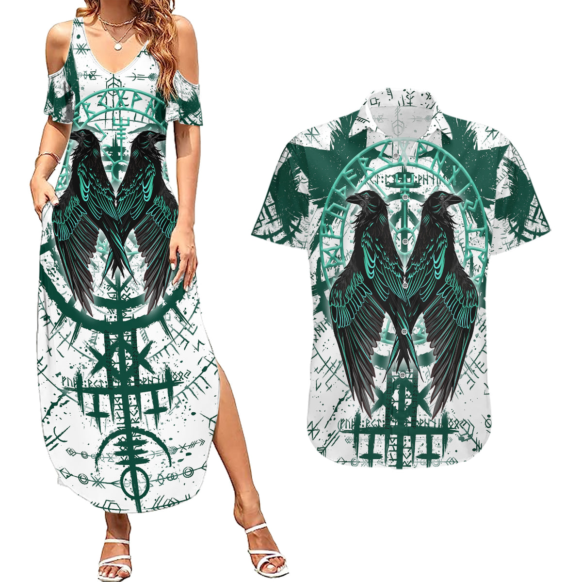 Winged Wisdom Of Viking Couples Matching Summer Maxi Dress and Hawaiian Shirt Hugin, Munin, and the Vegvisir - Wonder Print Shop