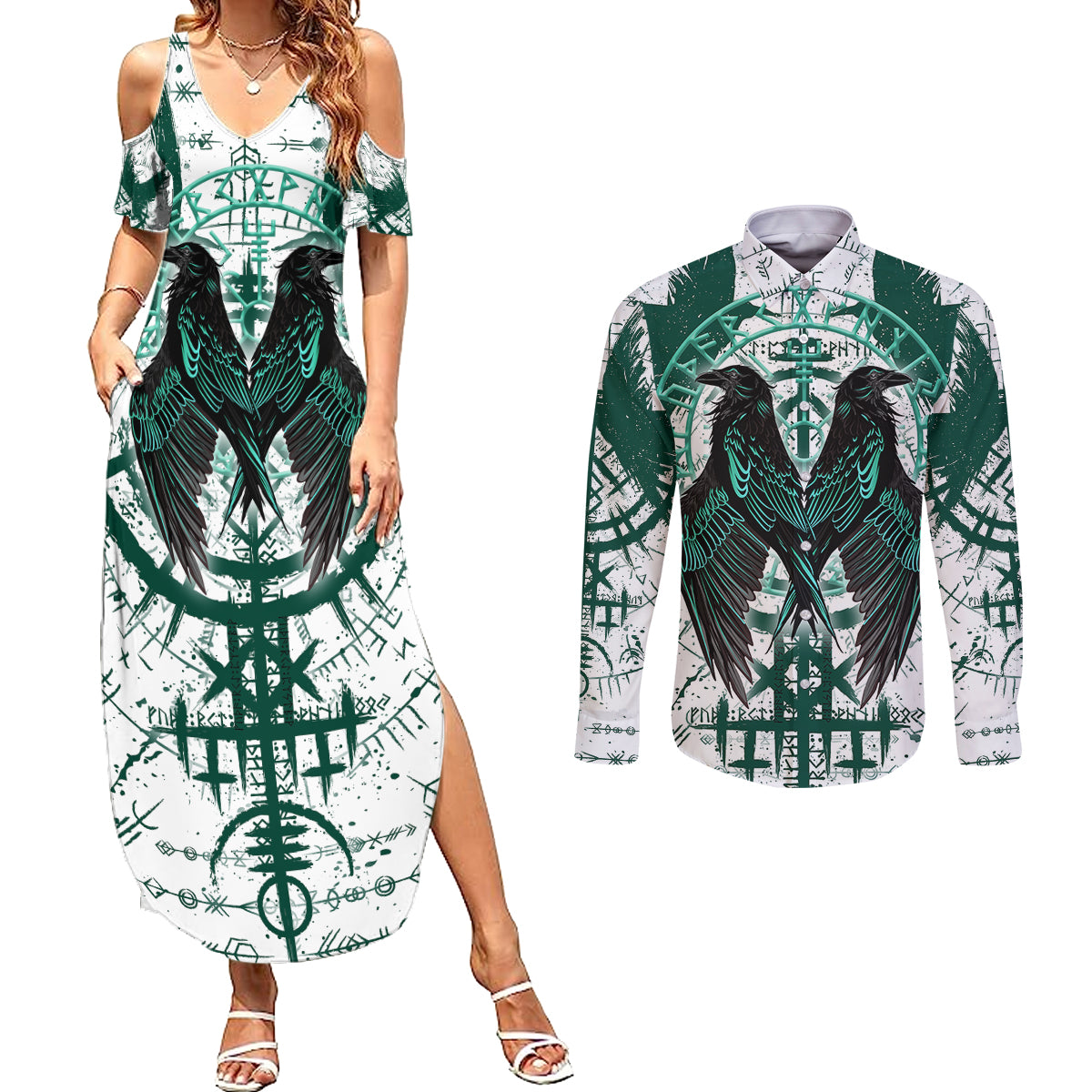 Winged Wisdom Of Viking Couples Matching Summer Maxi Dress and Long Sleeve Button Shirts Hugin, Munin, and the Vegvisir - Wonder Print Shop