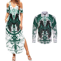 Winged Wisdom Of Viking Couples Matching Summer Maxi Dress and Long Sleeve Button Shirts Hugin, Munin, and the Vegvisir - Wonder Print Shop