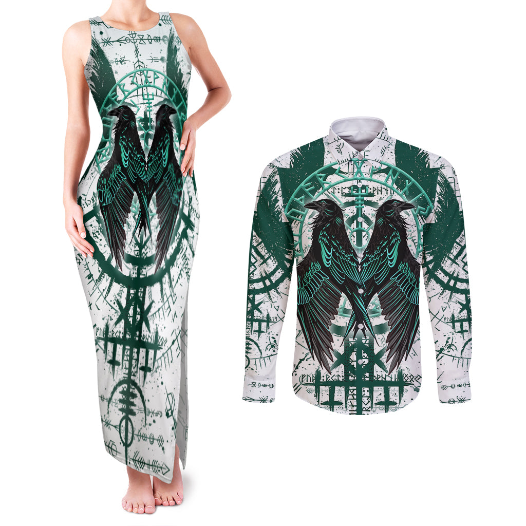 Winged Wisdom Of Viking Couples Matching Tank Maxi Dress and Long Sleeve Button Shirts Hugin, Munin, and the Vegvisir - Wonder Print Shop