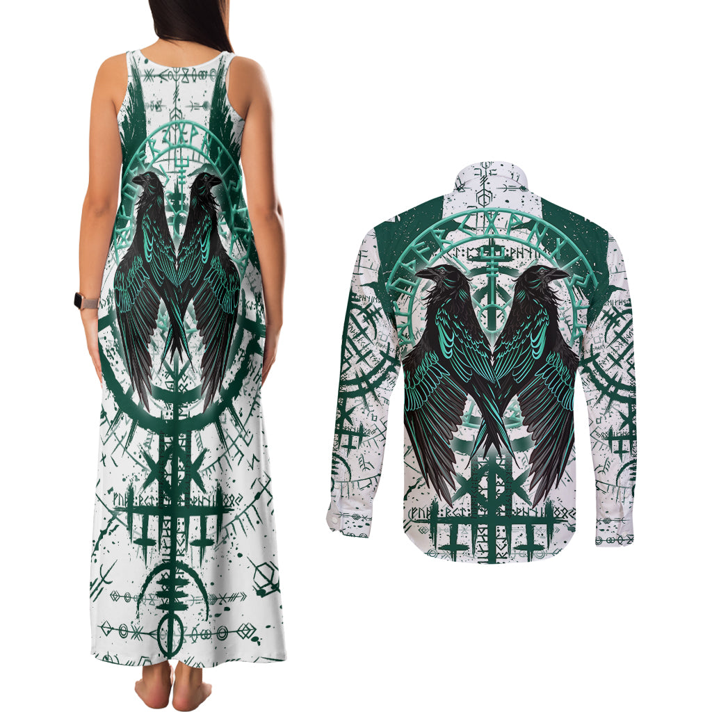 Winged Wisdom Of Viking Couples Matching Tank Maxi Dress and Long Sleeve Button Shirts Hugin, Munin, and the Vegvisir - Wonder Print Shop