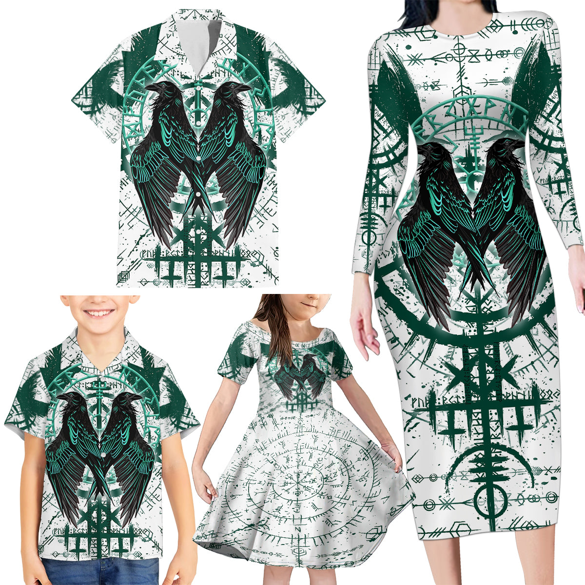 Winged Wisdom Of Viking Family Matching Long Sleeve Bodycon Dress and Hawaiian Shirt Hugin, Munin, and the Vegvisir - Wonder Print Shop